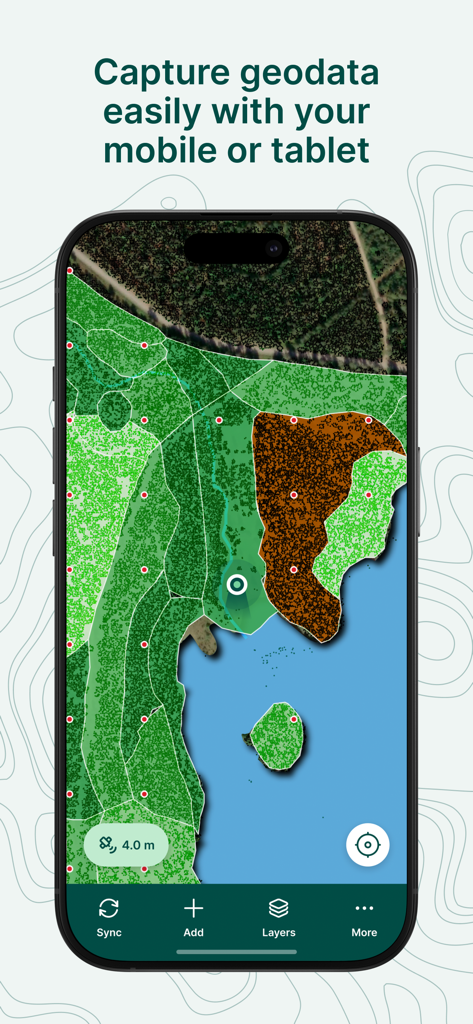 Mergin Maps mobile app displaying a detailed GIS map with land cover layers and a data capture interface