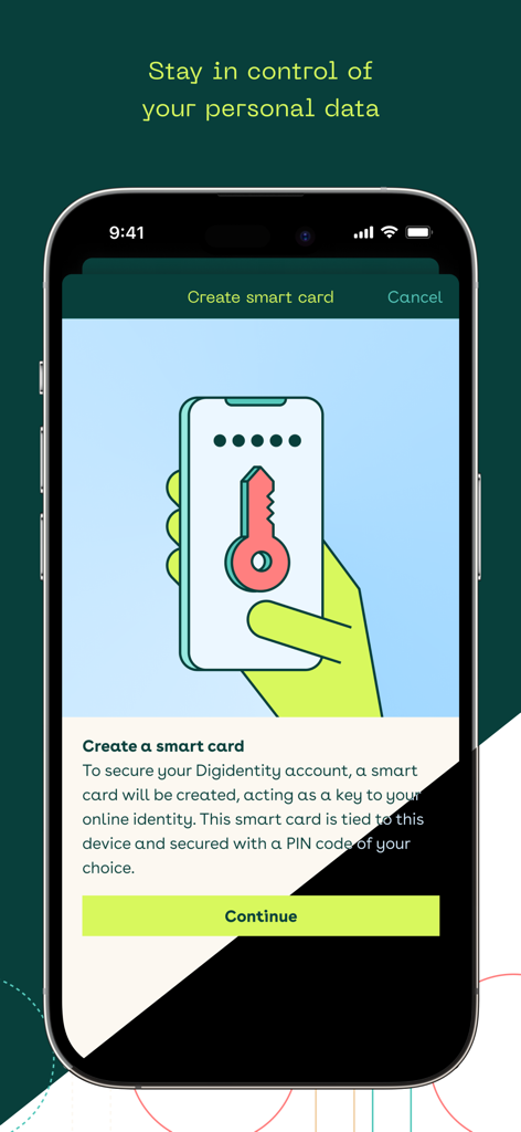 Digidentity Wallet - Digidentity Wallet app screen showing the creation of a secure digital smart card for identity protection