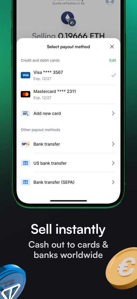 Ramp Network app screen showing various payout methods including credit cards and bank transfers for selling cryptocurrency.