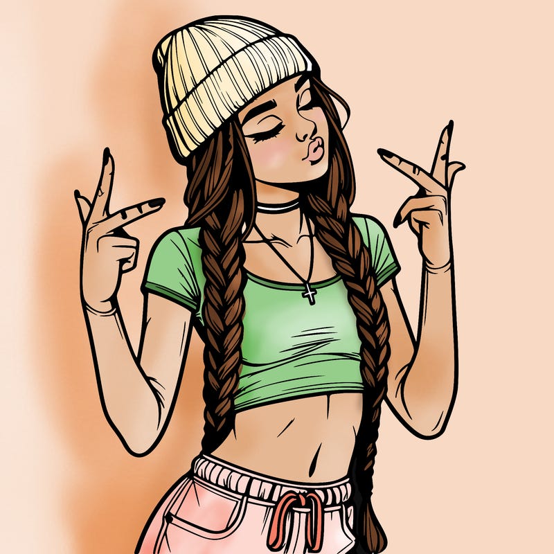realistic teenage girl with braids and a beanie and crop top doing 🫶🏼