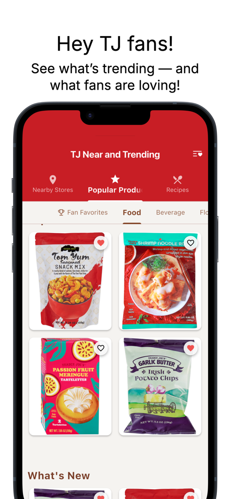 A mobile phone displaying the TJ Near and Hot app interface with a grid of trending Trader Joe's food products and navigation for nearby stores and recipes.