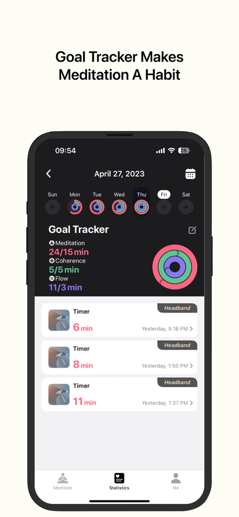 Flowtime: Meditation & Relax - Pantalla del rastreador de objetivos de la aplicación Flowtime que muestra anillos de meditación y estadísticas de progreso diario