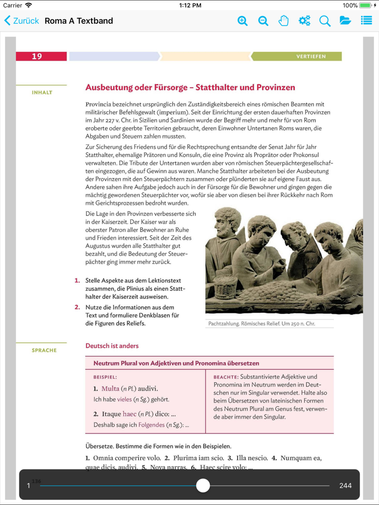 Digital textbook page layout in the click and study educational app showing Latin course material on an iPad.