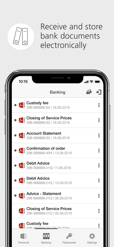 Interface of the UBS Safe app on a smartphone showing a list of stored electronic bank documents like account statements and debit advice