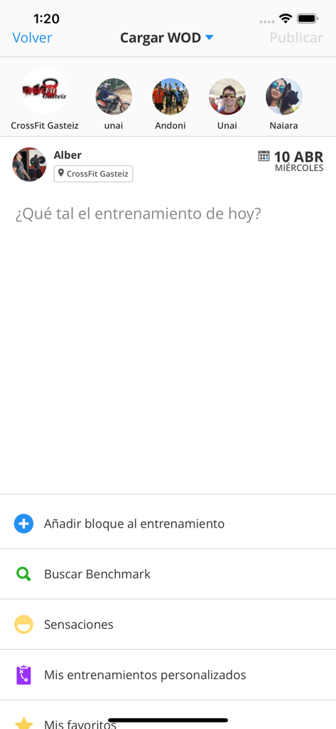 AimHarder - Interfaz móvil de la aplicación AimHarder para registrar entrenamientos de CrossFit y progreso de benchmarks