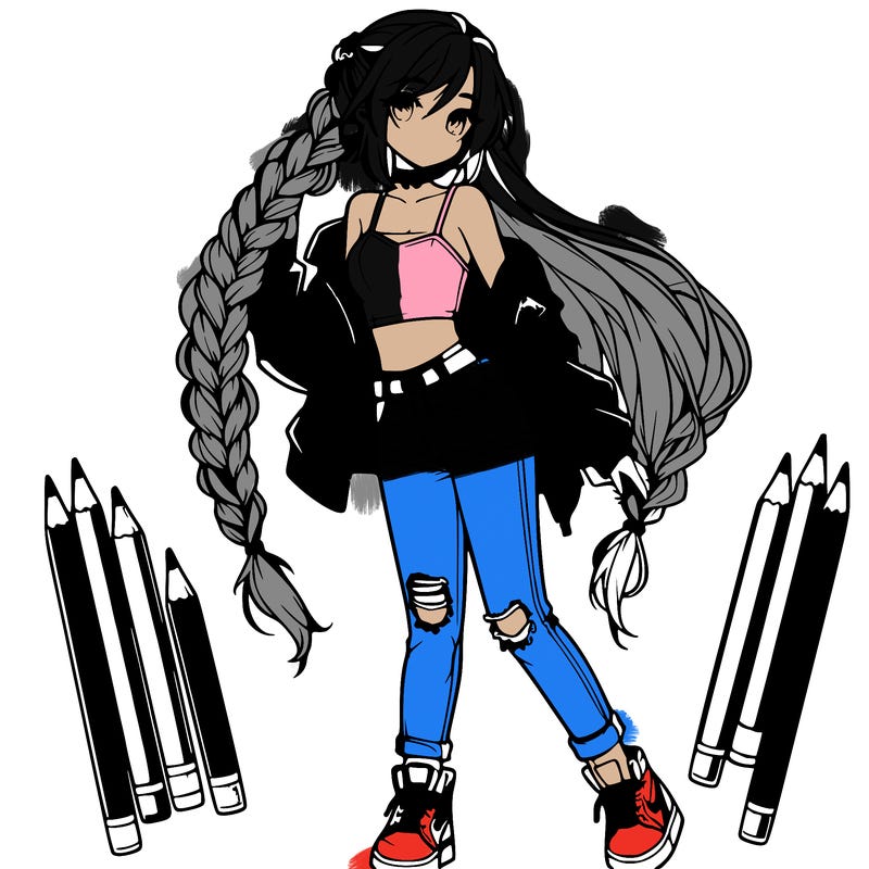 an anime themed girl with beautiful braid reaching their waist, they are wearing a cropped top and ripped jeans with high tops and a leather jacket