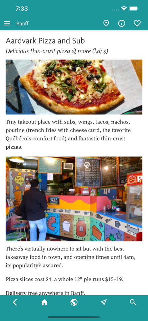 Banff & Canada's Rockies Guide - Aardvark Pizza and Sub restaurant profile in the Banff and Canadas Rockies Guide app