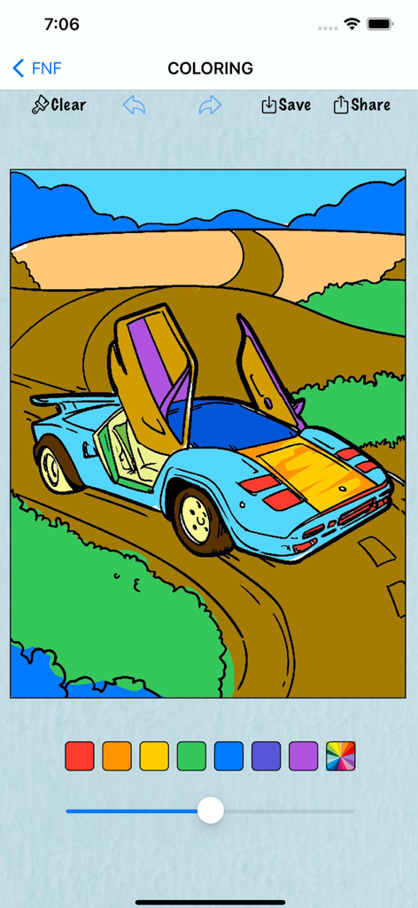 Coloring Book for Horror Anime - Interfaz de coloreado digital que muestra un coche deportivo azul con puertas de ala de gaviota y una paleta de colores en la parte inferior