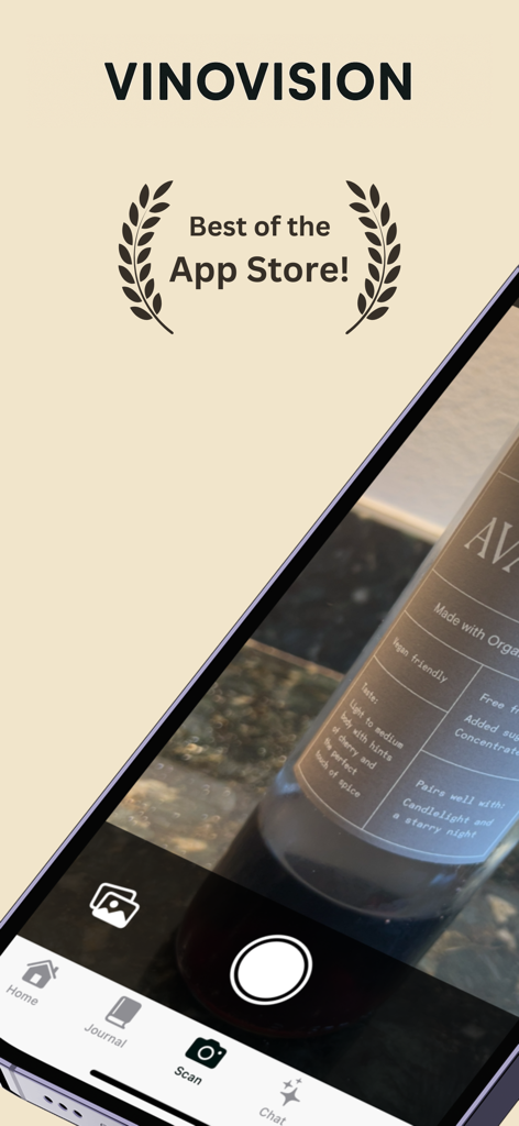 VinoVision: Wine Scanner - VinoVision app interface showing the wine label scanner feature and Best of the App Store recognition