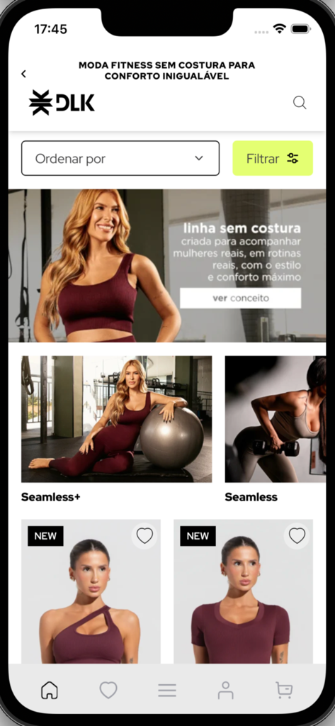 DLK Modas Oficial - DLK Modas mobile app interface featuring seamless workout clothes for women