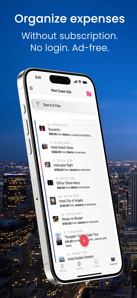 Cashinator - Split the bills - Interface do aplicativo móvel Cashinator mostrando uma lista de despesas de viagem compartilhadas para uma viagem em grupo