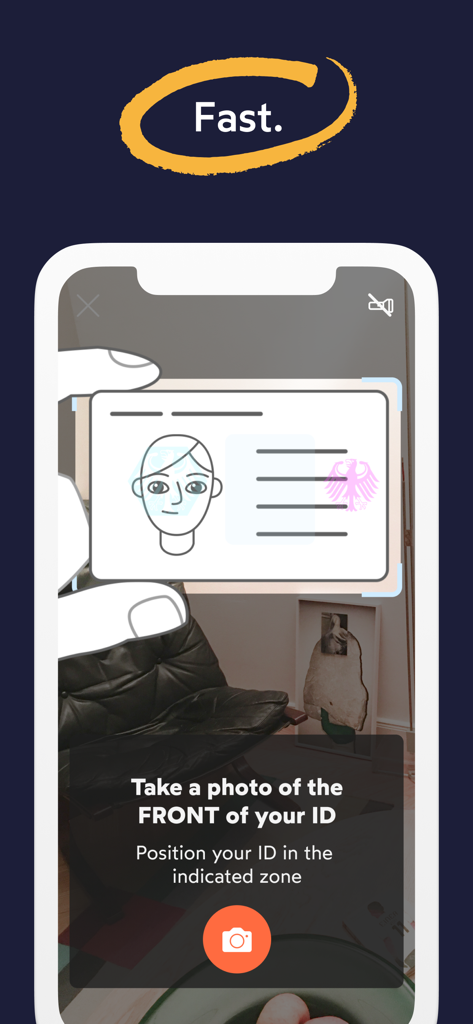 Smartphone interface for scanning the front of an ID card using IDnow AutoIdent app.