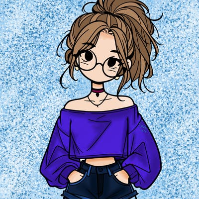 girl with a messy ponytail glasses a baggy crop top and jean shorts