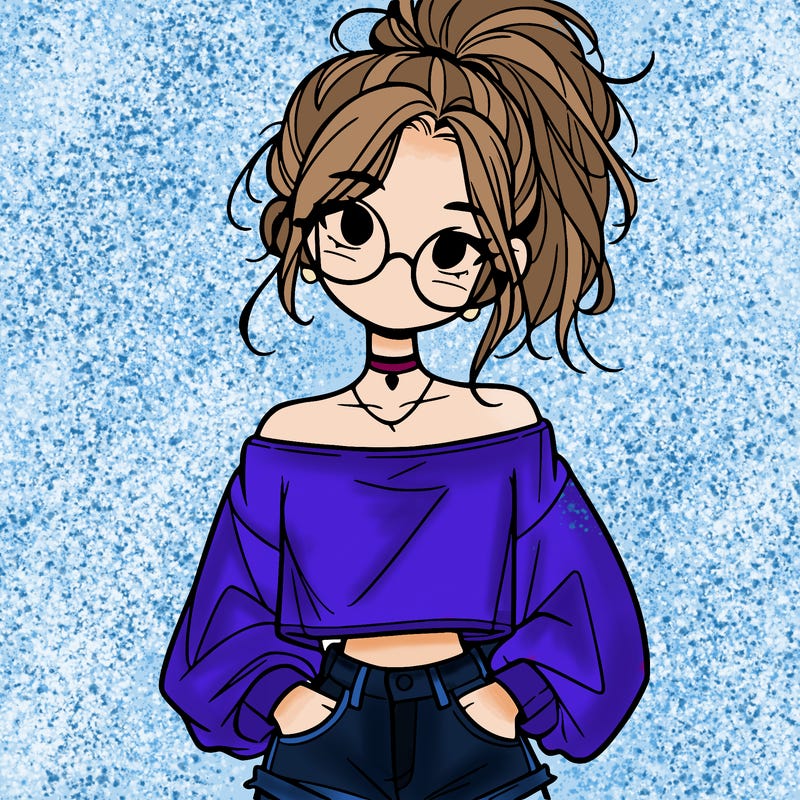 girl with a messy ponytail glasses a baggy crop top and jean shorts