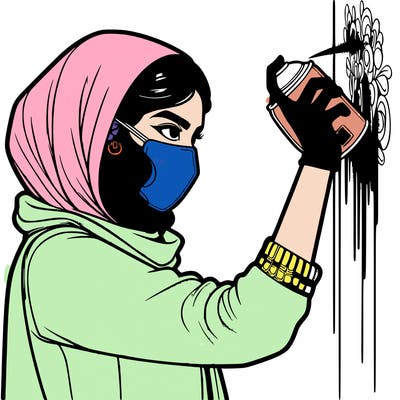 realistic girl with mask spray painting a wall