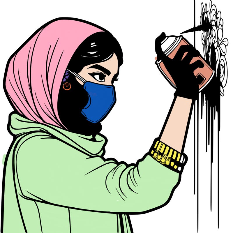 realistic girl with mask spray painting a wall