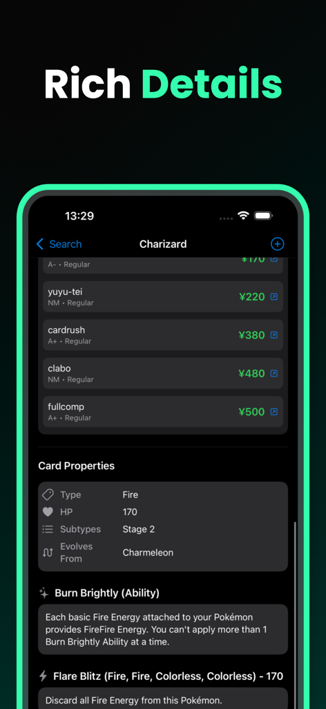Card Scanner for Pokémon Dex - Detailed statistics and market prices for a Charizard card in the Pokemon Dex app.