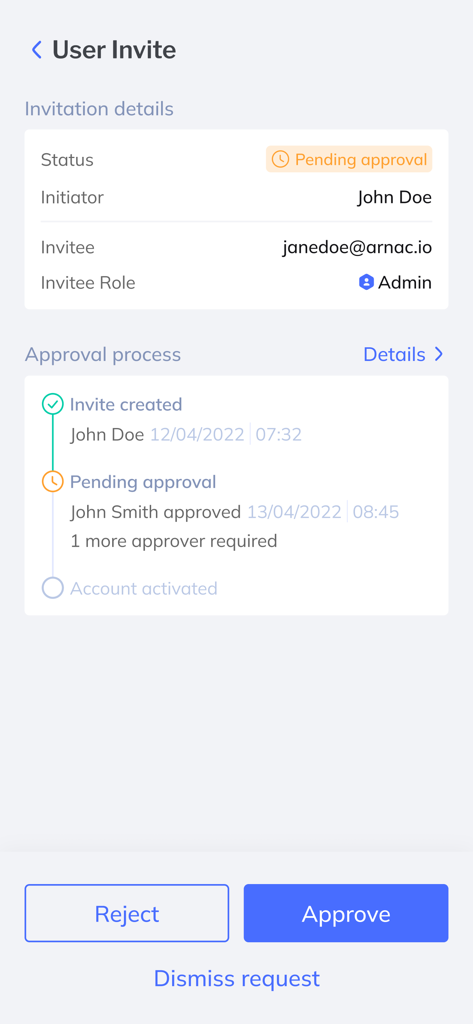 Fordefi app interface displaying a pending user invitation for an admin role with options to approve or reject