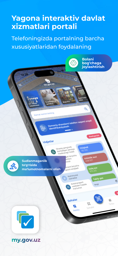 Un smartphone affichant l'interface de l'application MyGov Uzbekistan avec divers widgets de services gouvernementaux numériques.
