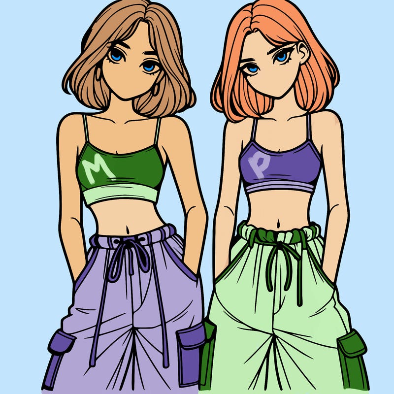 two girls with crop top with baggy pants
