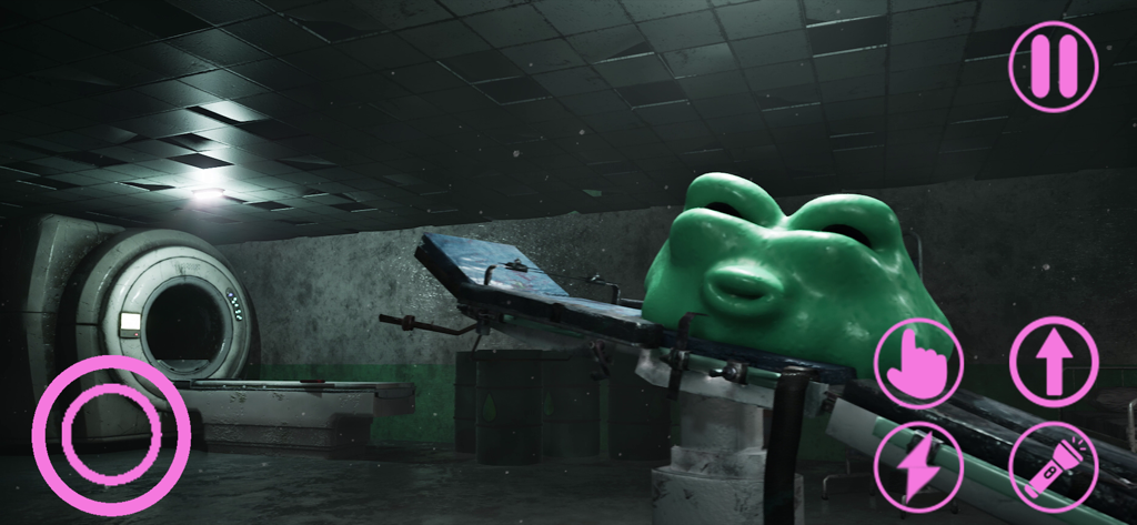 A green mascot character on a medical table in a dark facility from Garten of Banban 8