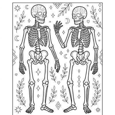 Dive into the intricate world of our Full Body Skeletons coloring page, featuring two beautifully detailed skeletal figures ready for your creative touch. This engaging design, adorned with celestial and natural motifs, offers a unique and artistic coloring experience for all ages.