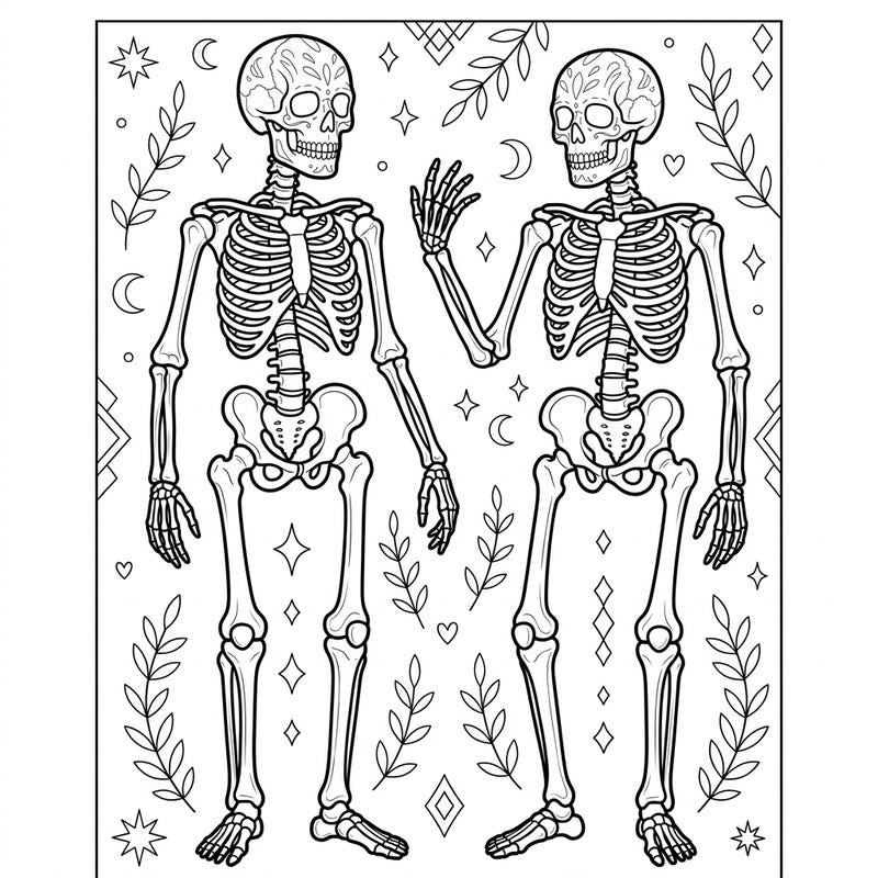 Dive into the intricate world of our Full Body Skeletons coloring page, featuring two beautifully detailed skeletal figures ready for your creative touch. This engaging design, adorned with celestial and natural motifs, offers a unique and artistic coloring experience for all ages.