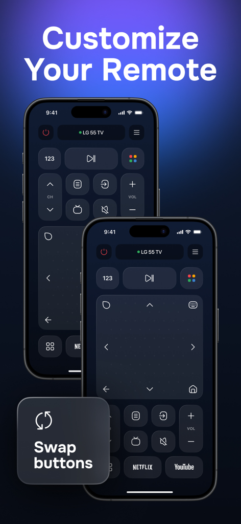 Universal TV Remote Control․ - Captura de pantalla de la app RIMO mostrando diseños de botones de control remoto de TV personalizables y la función de intercambio de botones en iPhone.