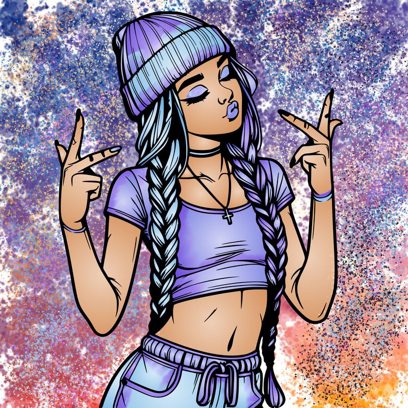 realistic teenage girl with braids and a beanie and crop top doing 🫶🏼