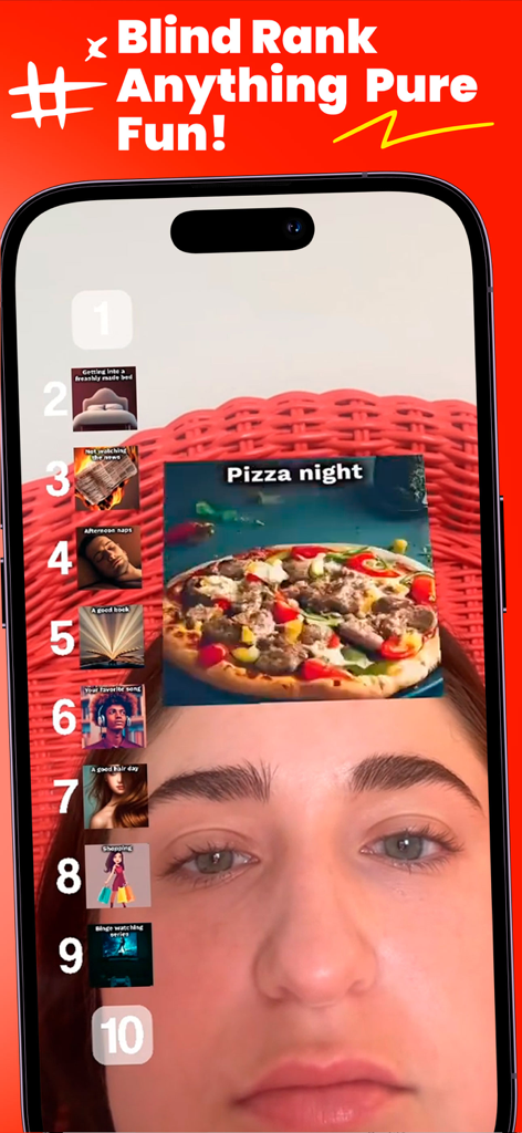 A girl using the Blind Ranking Filter app to rank a pizza night challenge on a scale of one to ten