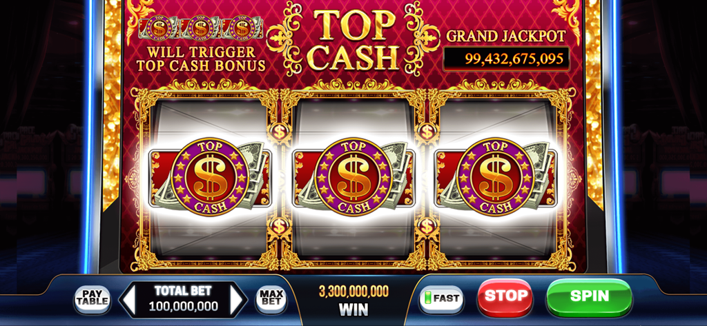 Play Las Vegas - Casino Slots - Top Cash slot machine interface showing three matching symbols and a major win
