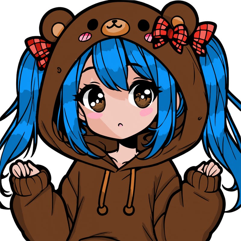 cute anime girl with ponytails and a cute bear hoodie
