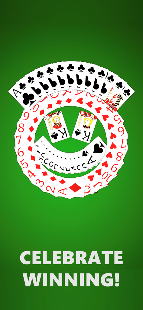 Cartes à jouer disposées en forme de smiley sur fond vert avec le texte Célébrez la Victoire