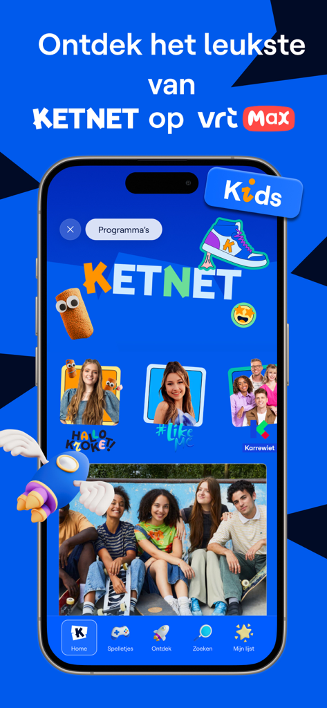 The Ketnet kids section in the VRT MAX app featuring Flemish children's shows.