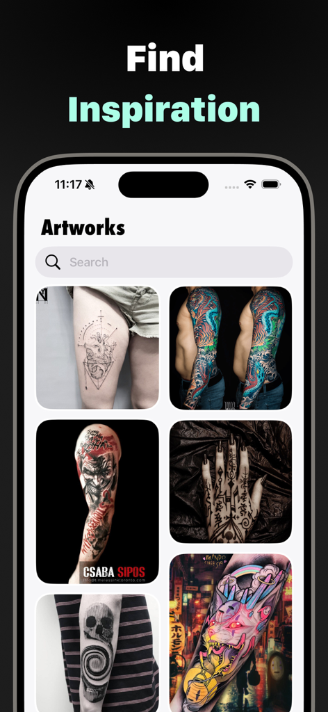 Tattoo AI: Generator & Maker - A mobile app screen showing a gallery of diverse tattoo design inspirations including geometric and Japanese styles.