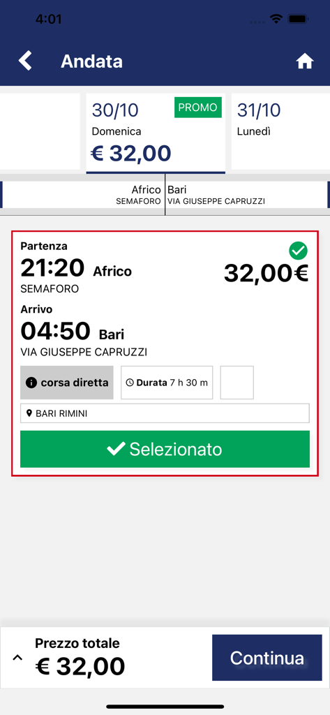 MyFederico - MyFederico app screen displaying a selected bus trip from Africo to Bari with departure times and pricing.