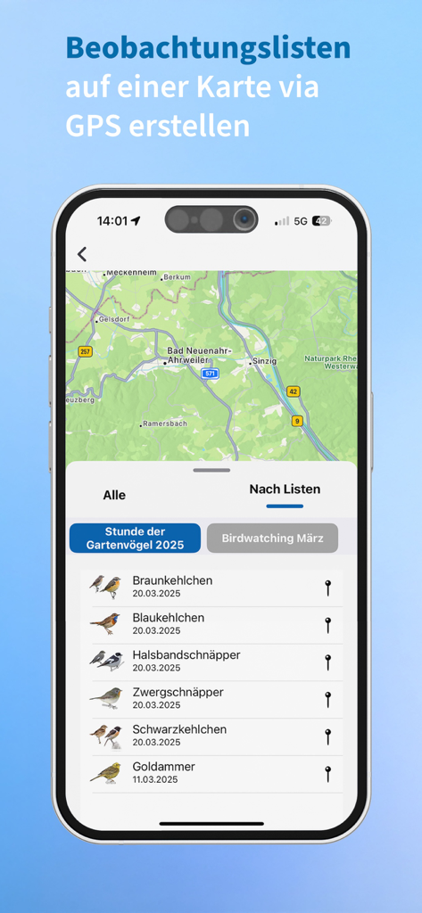 NABU Vogelwelt - NABU Vogelweltアプリのインターフェース。地図とGPS位置追跡機能付きの鳥の観察リストが表示されています。