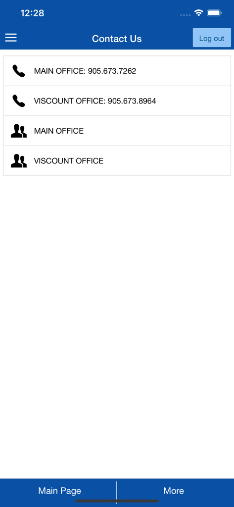 CUonline - Contact information screen in the CUonline mobile banking app showing office locations and phone numbers.