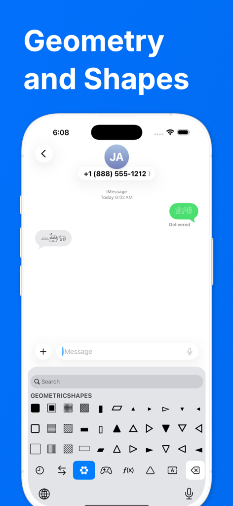 Uniboard keyboard interface displaying a variety of geometric shapes and symbols within iMessage