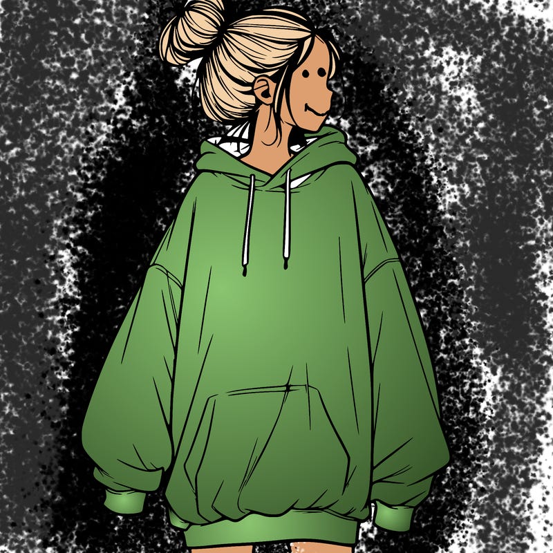 realistic girl with a oversized sweatshirt on and a bun