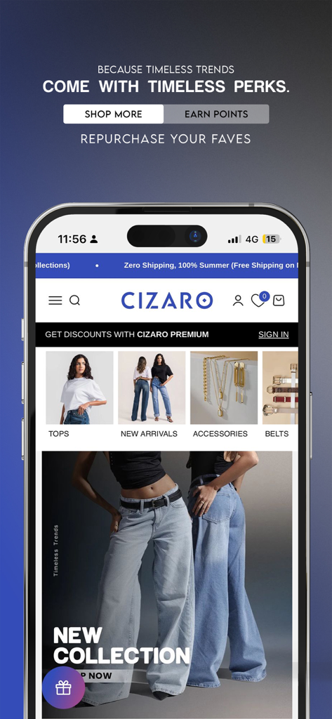 Mobile App-Oberfläche für Cizaro Ägypten mit trendigen Damenjeans und Neuankömmlingen