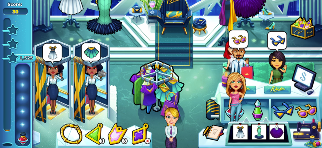 Angela managing a busy fashion boutique in a time management game