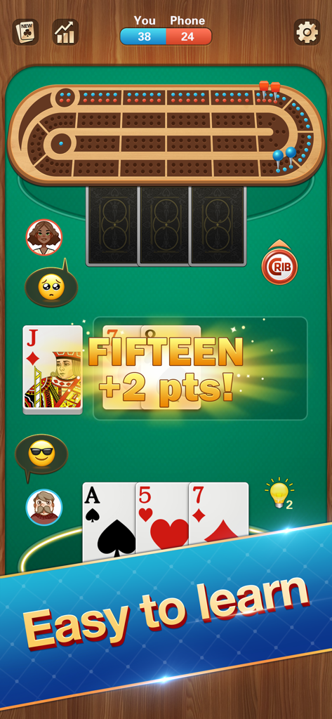 Cribbage card game interface with wooden pegboard and scoring notification.