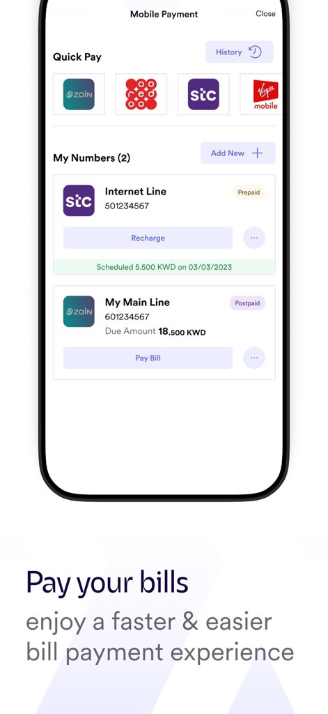 Mobile payment screen in the Warba Bank app for managing and paying telecom bills like Zain and STC