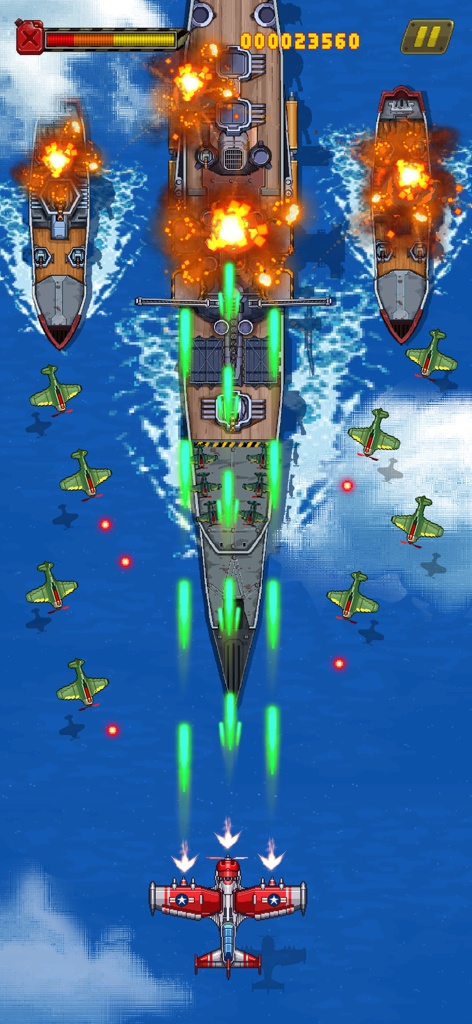Top-down arcade shooter gameplay showing a red plane attacking a large battleship and enemy aircraft over the ocean.