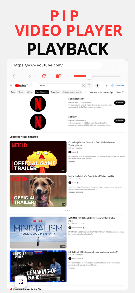 Pip Video Player - Interface Pip Video Player montrant une page de recherche YouTube pour le multitâche.