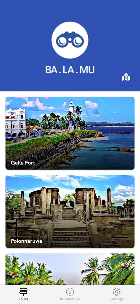 Balamu - Pantalla de la aplicación móvil Balamu que muestra opciones de tours autoguiados para Galle Fort y Polonnaruwa en Sri Lanka
