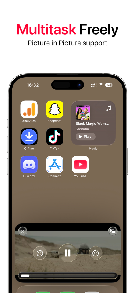 UbeCast: Music Streamer & PiP - iPhone home screen displaying UbeCast picture in picture video player and background music widget