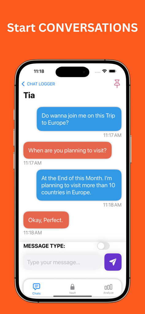 Interface of the LuvChat Metrics+ app displaying a chat conversation in the Chat Logger feature.