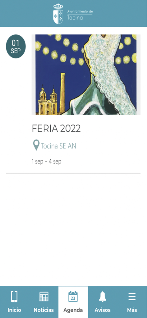 Captura de ecrã da secção Agenda na aplicação da Câmara Municipal de Tocina mostrando detalhes do evento Feria 2022